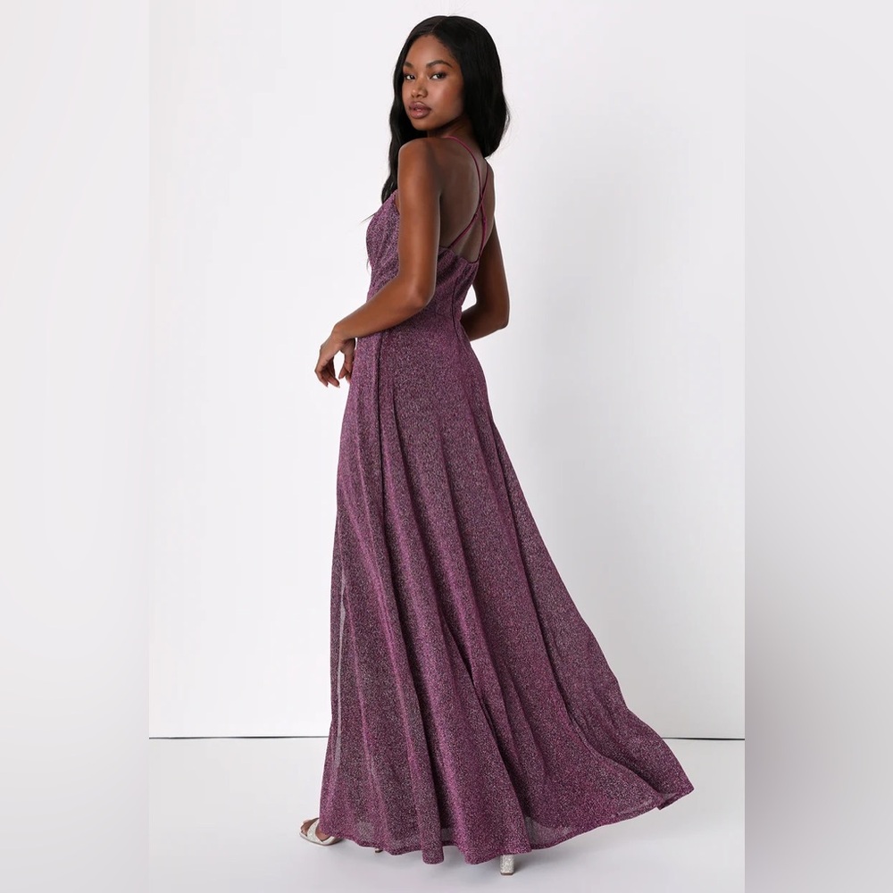 Lulu’s Truly Dazzling Magenta Purple Multi Glitter Sparkle Spaghetti Straps Gown - Picture 4 of 11